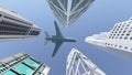 Airliner flying over skyscrapers Royalty Free Stock Photo