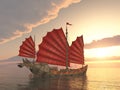 Chinese junk ship at sunset