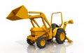 Compact tractor, front loader and backhoe, against a white background Royalty Free Stock Photo