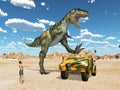 Dinosaur Bistahieversor attacks an off-road vehicle Royalty Free Stock Photo