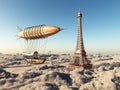 Fantasy airship and Eiffel Tower over the clouds
