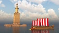 Lighthouse of Alexandria and ancient Greek warship