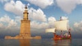 Lighthouse of Alexandria and ancient Roman warship