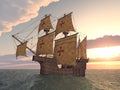 Portuguese caravel of the fifteenth century at sunset