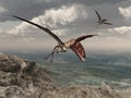 Pterosaur Dimorphodon flying over a coastal landscape