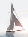 Rainbow and sailing yacht in fog Royalty Free Stock Photo
