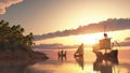 Santa Maria, Nina and Pinta of Christopher Columbus at sunset