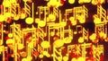 Computer generated 3D rendering. Cluster of many gold musical notes on a black background