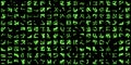 Computer generated green alien hieroglyphs symbols isolated on black background, digital alien alphabet, round squared forms, cut