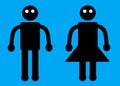 An all black stick man male and female symbol turquoise blue backdrop