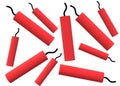 Several duplicates of bright red firecrackers dynamites with black fuse string white backdrop Royalty Free Stock Photo