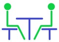 A basic simple stick icon symbol shape of two green men sitting facing each other across an indigo dark blue table white backdrop