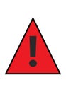 A black exclamation mark bright red triangular warning sign white backdrop