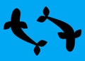 Black silhouette of a pair of whales against a light sea ocean navy blue backdrop