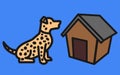 A black spotted light brown dog in front of a dog house kennel light blue turquoise backdrop Royalty Free Stock Photo