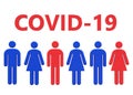 Blue symbols of men and women with a couple infected in red during the Covid-19 pandemic