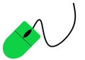 A bright green computer black wired mouse peripheral device white backdrop
