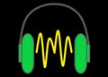 A bright green outline shape of a headphone emitting yellow sound waves black backdrop Royalty Free Stock Photo