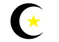 A bright yellow five point star within a black crescent moon white backdrop