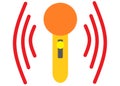 A bright yellow golden microphone emitting red soundwaves white backdrop