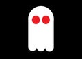 A cute simple symbol shape of a white ghost apparition with red fiery eyes black backdrop