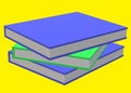 A 3D stack of three tilted thick indigo blue and bright green cover books bright yellow backdrop
