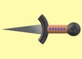 A dagger with pointed blade and round pommel against a light yellow backdrop