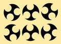 Duplicates of a bold black circle parted by three smaller circles within light yellow beige backdrop