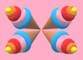 A duplicate of four identical rainbow ice-cream cones with rainbow colored toppings rose pink backdrop