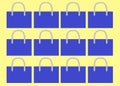 Duplicates simple outline shapes of bright indigo blue carrier bags with light grey carry straps light yellow backdrop