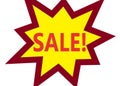 An exploding star burst with bright yellow interior maroon borders and the red font word sale within white backdrop