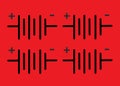 Four identical electrical symbols of a 3 cell battery against a bright red backdrop