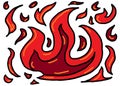 A freehand sketch of a burning fiery flame symbol with flaming tongues white backdrop