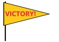 A golden yellow triangular flag with the word victory white backdrop