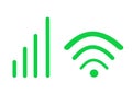 The green symbols icons for signal strength used on computers desktops and mobile smartphone devices white backdrop