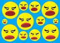 A group of different sized yellow emoticon smiley with a grumbling sad expression light blue turquoise backdrop