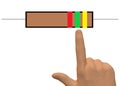 A hand pointing at a simple shape drawing of a resistor with color coded resistance value rating white backdrop