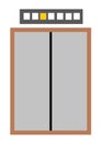 A lift elevator with light grey double doors and amber gold level indicator lights white backdrop