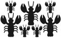 Many several lobsters bold all black silhouette against a white backdrop