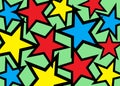 Many several multiple stars of different sizes and colors with black bold outlines against a light bright green backdrop