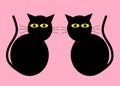 A mirror image of a pair of simple outline shapes of black cats with yellow eyes rose pink backdrop Royalty Free Stock Photo