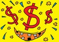 Money talks - a smiling mouth with rotten teeth and three eyes of the money sign sparkling