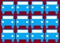 Multiple duplicates of light turquoise blue outline symbol shape of the front of a car or truck vehicles maroon red backdrop