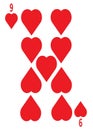 The nine of hearts card in a regular 52 card poker playing deck