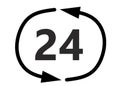 A pair of circulating curved bold black arrows with the number 24 within white backdrop