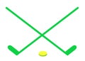 A pair of crossing bright green hockey sticks with a bright lime green yellow puck ball at the centre white backdrop