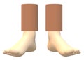 A pair of fair skinned human feet showing the brown straight trousers