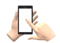 A pair of hands holding and using a black bezel smart phone with blank white screen
