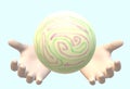 A pair of human hands holding catching a light green ball with colourful patterns