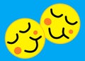 A pair of identical yellow emoticons smileys face expression of pride and satisfaction light blue turquoise backdrop